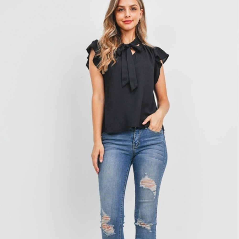 NWT Boutique Black Flutter Sleeve Tie Neck Blouse - Picture 10 of 10